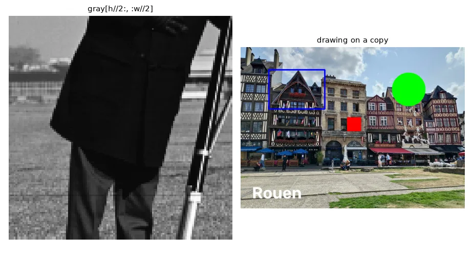 A slice of the image (left) and drawing primitives on a copy (right). Colours are given in BGR: `(0, 0, 255)` is red.