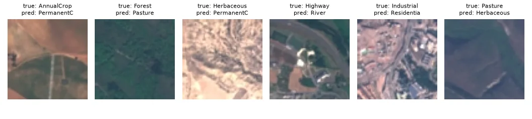 One test error for each of six true classes (81 errors in total). Crop types, pasture and vegetation are hard to tell apart at 10 m per pixel even for a person.