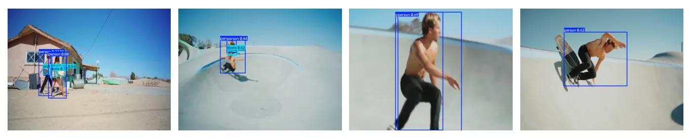 Predictions of the fine-tuned model on the five held-out test frames (first four shown).