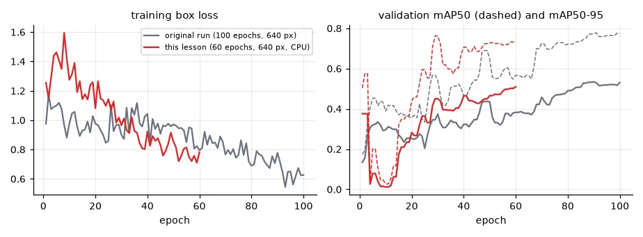 My original Colab run (grey, 100 epochs on a T4 GPU) and this lesson's run (red, 60 epochs on a laptop CPU). Same data, same model; the CPU run gets within 0.02 mAP50-95 in 8 minutes.